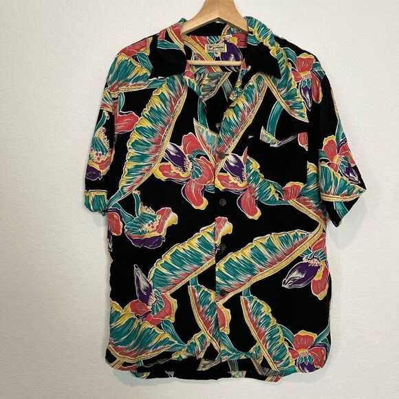 Slumming Hawaii Black Tropical Hawaiian Floral Vintage Button Down Shirt Mens Si